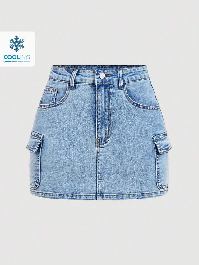 light wash denim cargo mini skirt