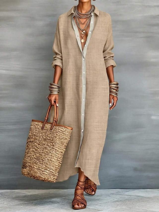 khaki and gray contrast placket linen shirt dress