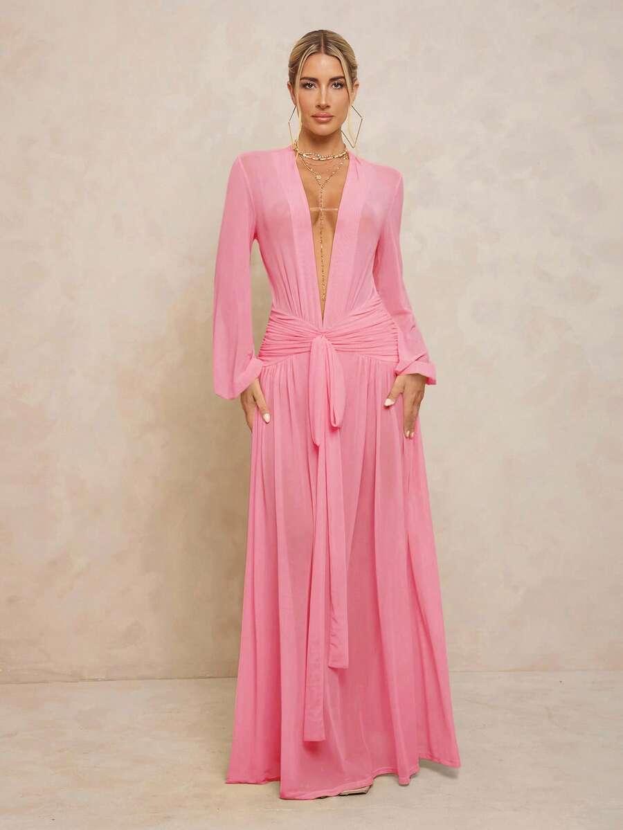 pink sheer v-neck puff sleeve ruched tie-up dress