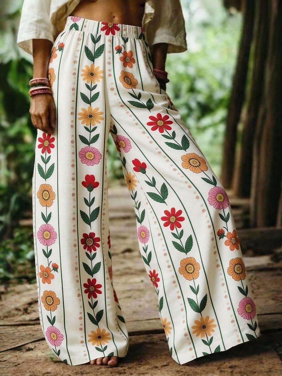 floral print wide leg vacation trousers