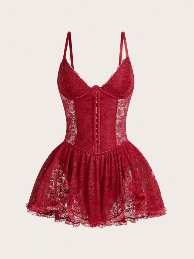 red lace patchwork w-shape wired cup a-line dress