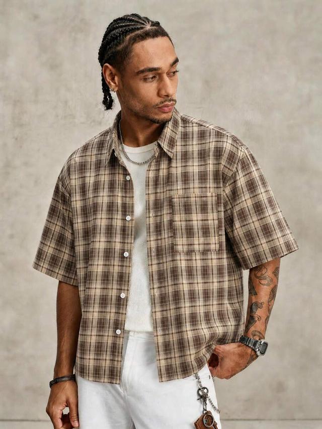 vintage brown plaid short sleeve casual shirt