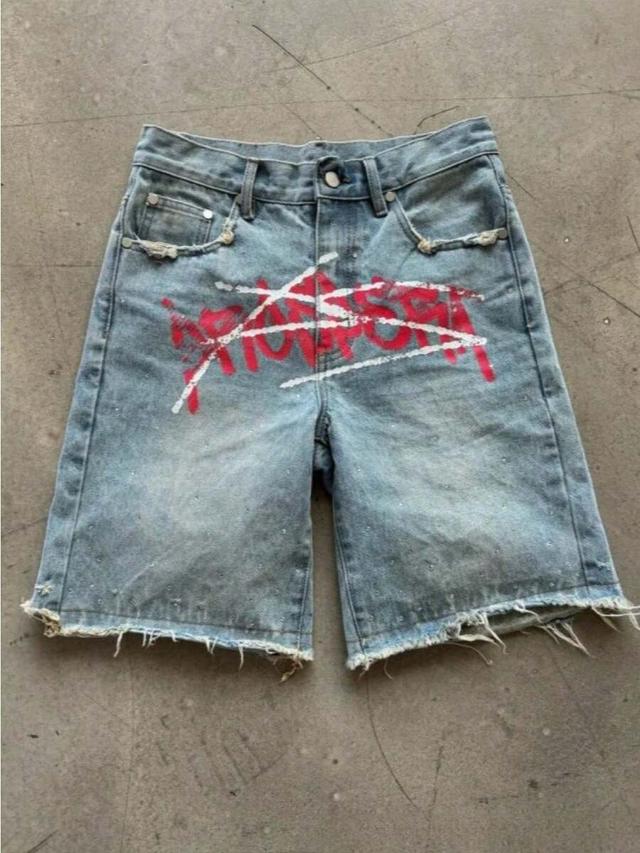 daily casual retro washed loose denim shorts with pattern