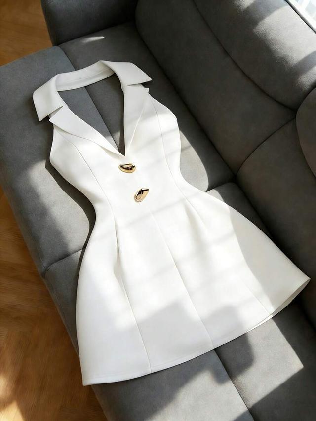 white elegant halter-neck blazer dress with metallic buckle