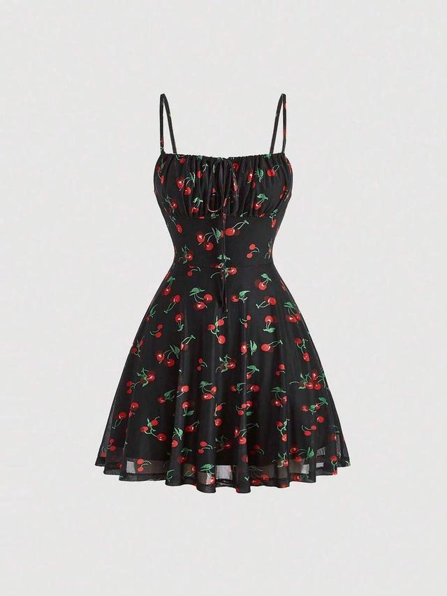 cherry print ruched bust cami summer dress