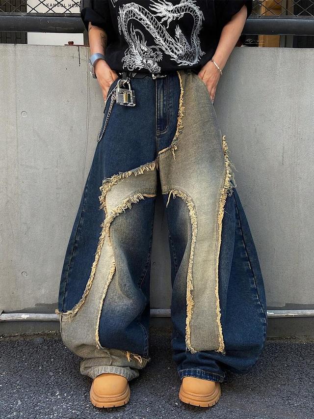 american patchwork frayed hem wide leg denim jeans