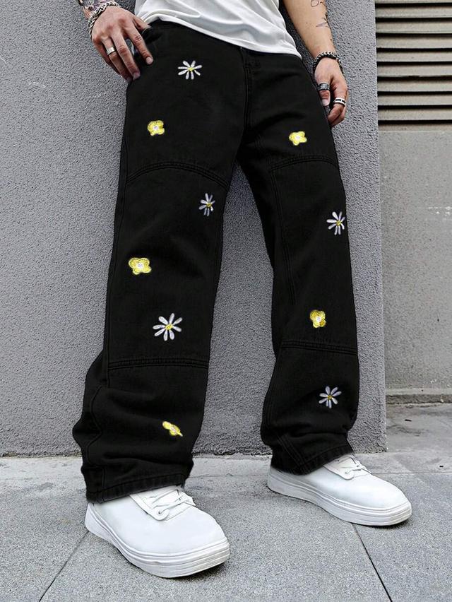 black loose fit jeans with floral embroidery