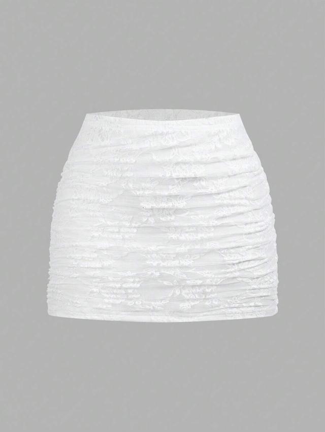 white floral lace ruched fitted mini skirt