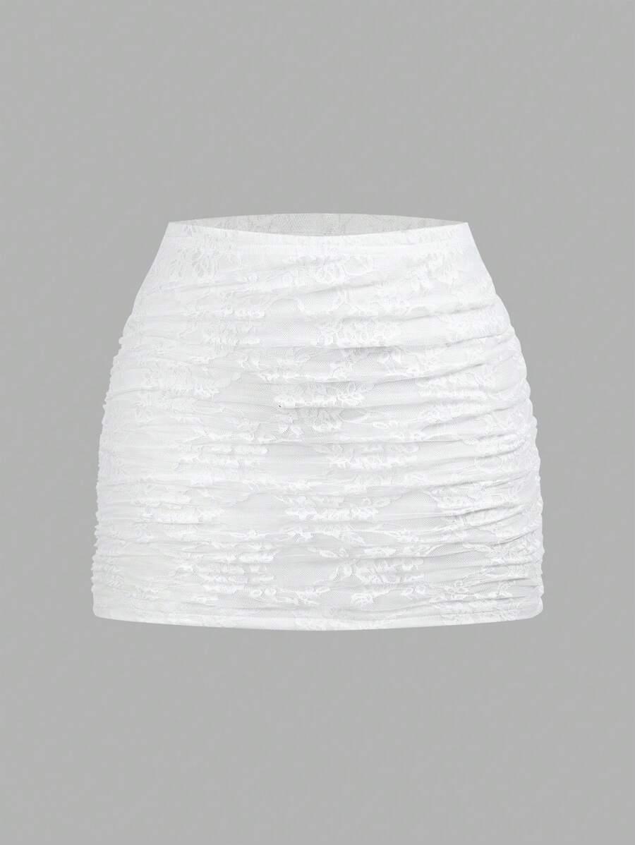white floral lace ruched fitted mini skirt