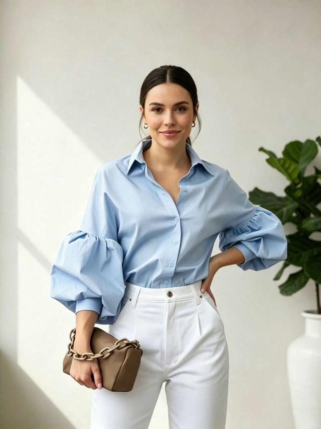 light blue puff sleeve button-down cotton blouse