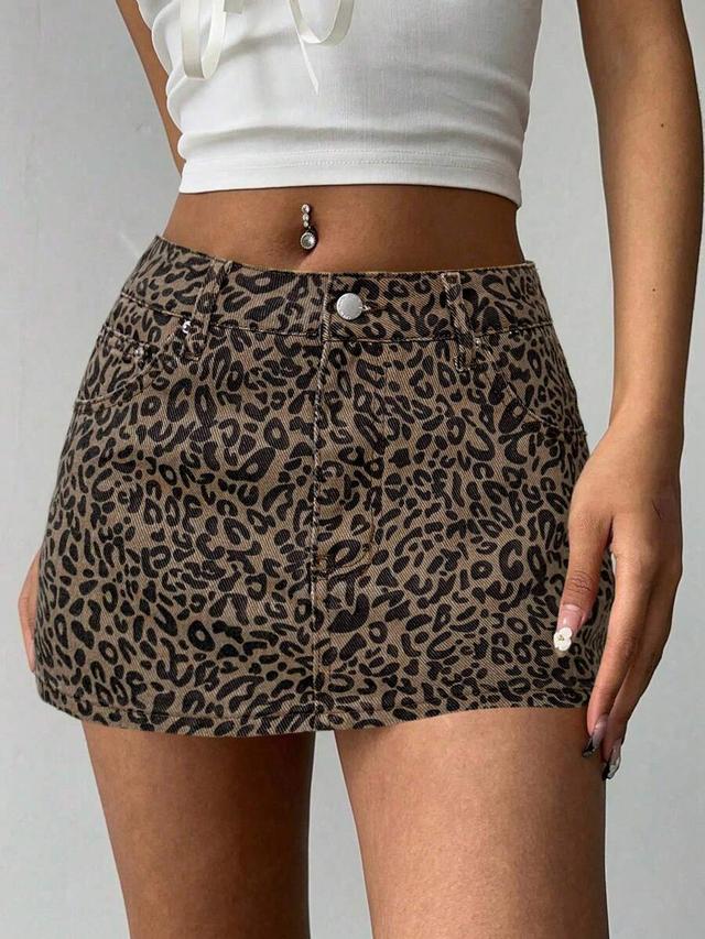 leopard print denim mini skirt
