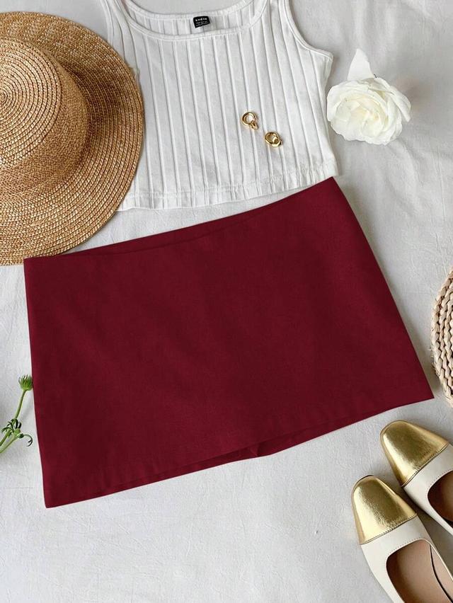 burgundy solid color linen mini low waist skirt