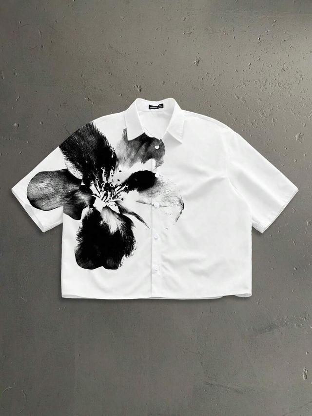 white floral ink print retro cropped short sleeve shirt