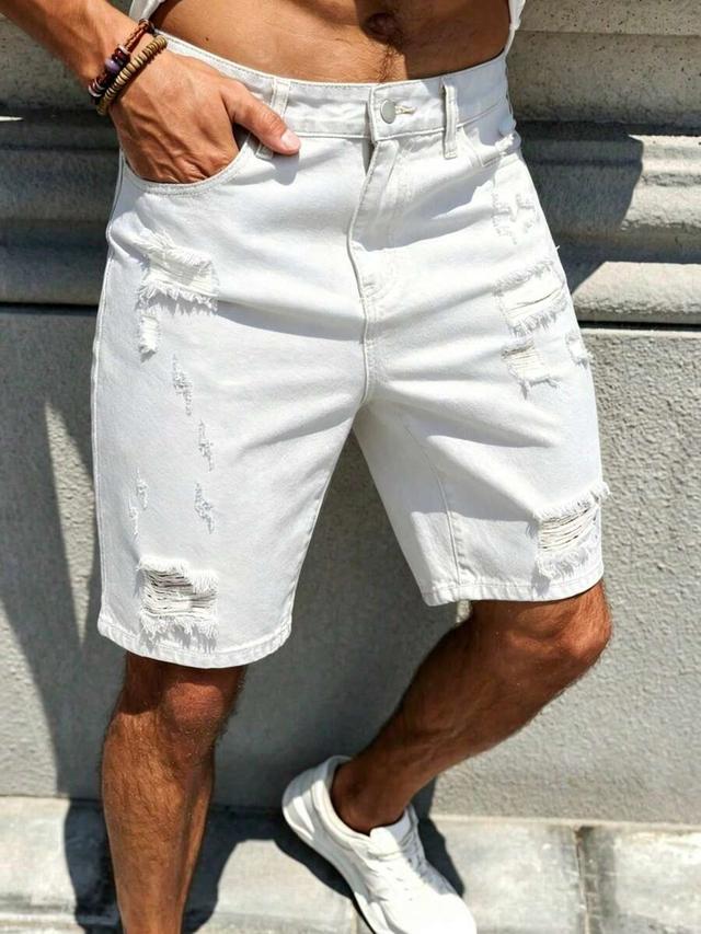 white distressed ripped straight leg denim shorts