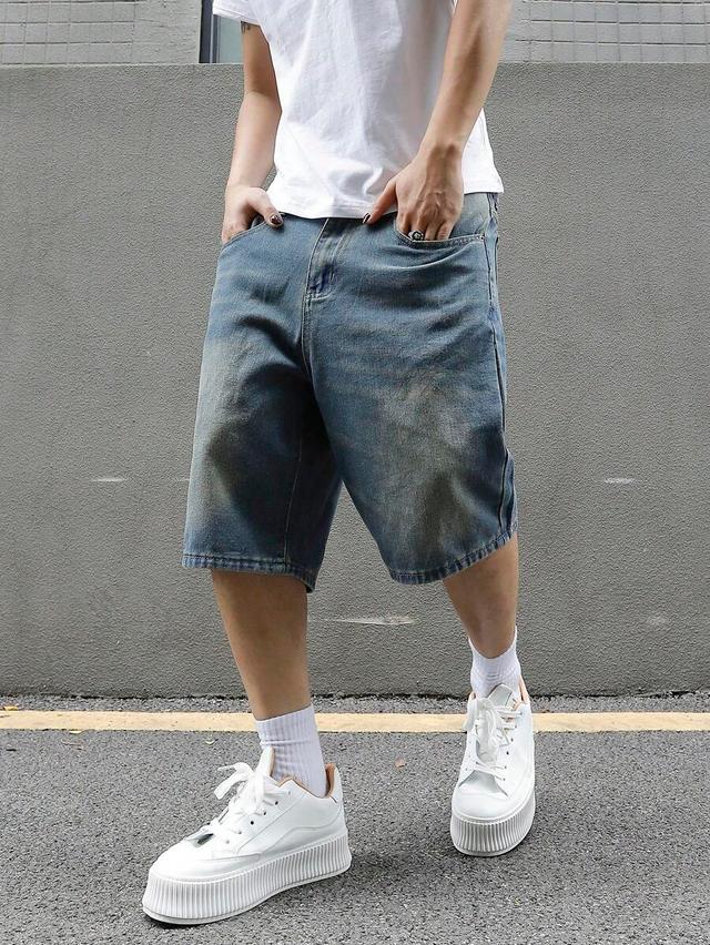 men aqua blue distressed baggy denim shorts