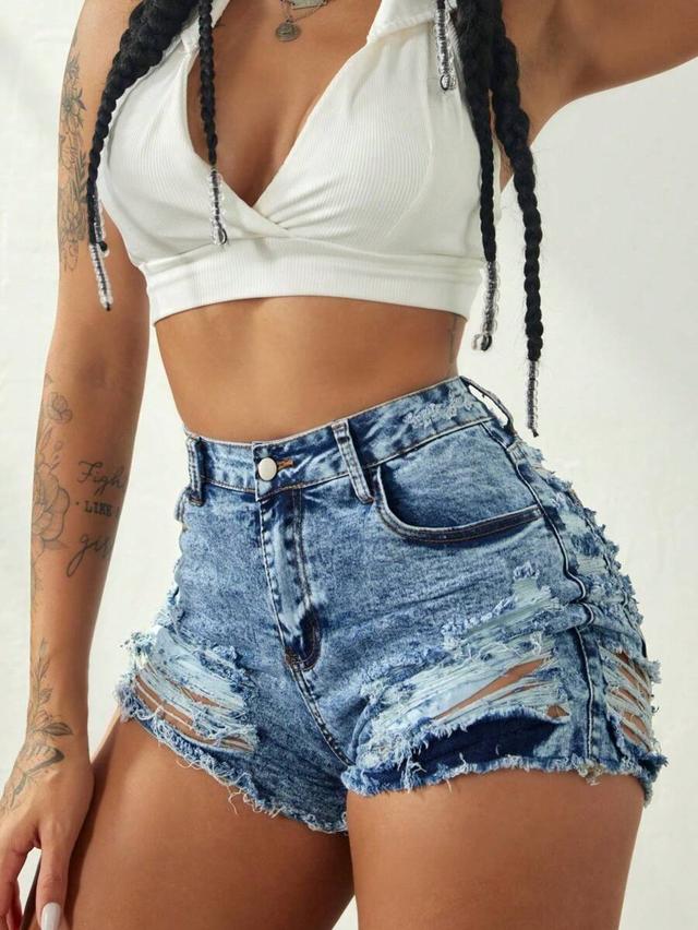 high-waisted acid wash distressed denim shorts
