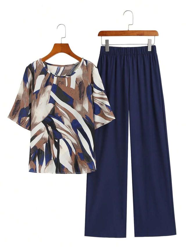 patterned abstract abstract print round neck short sleeve coord set