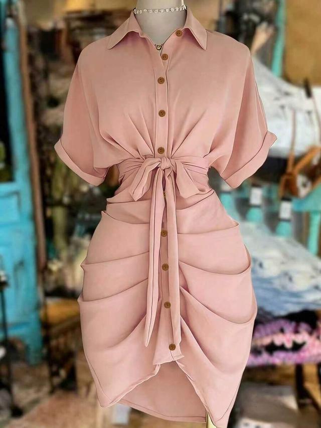 blush pink draped shirt dress with tie waist