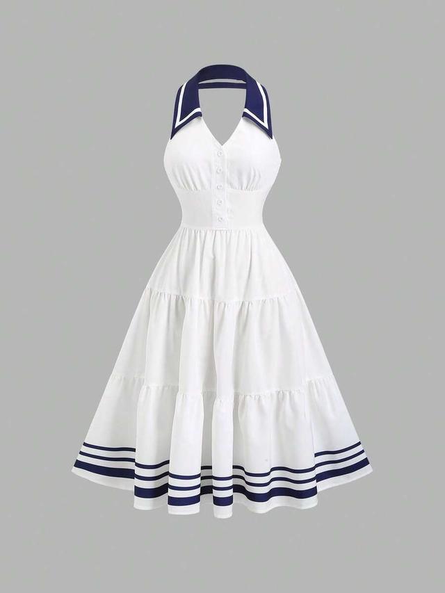 retro chic white halter dress with navy stripes