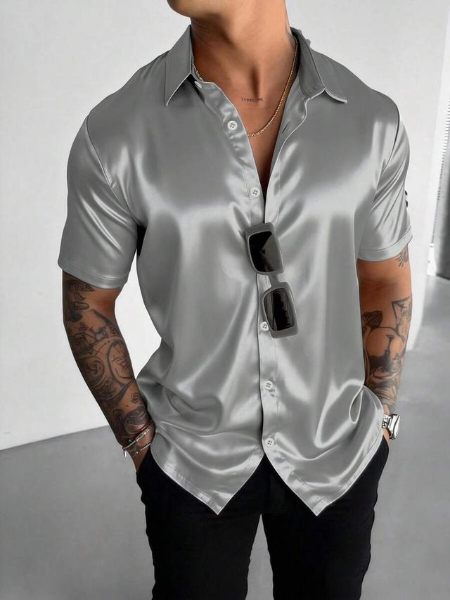 wait him men's grey satin short sleeve formal shirt