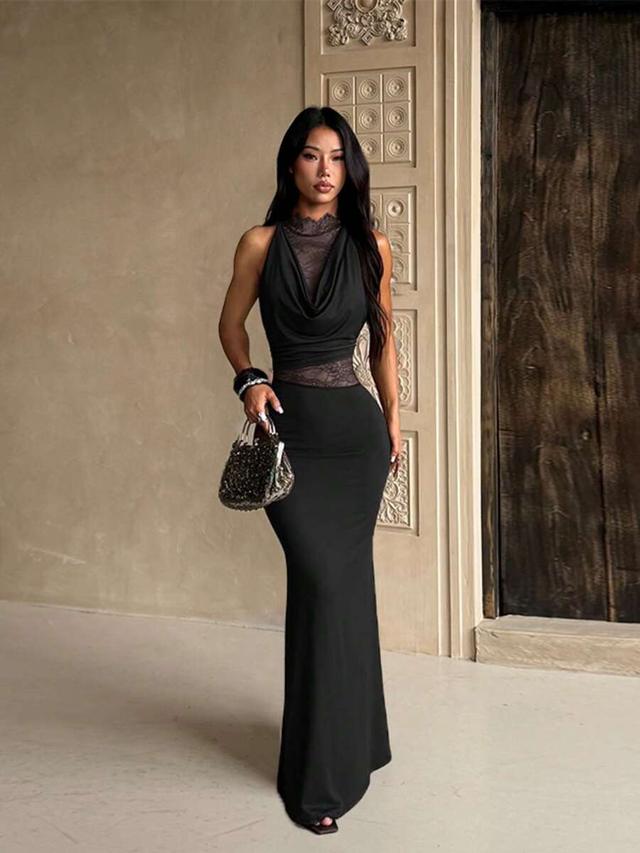 black lace patchwork cowl neck fitted maxi dress