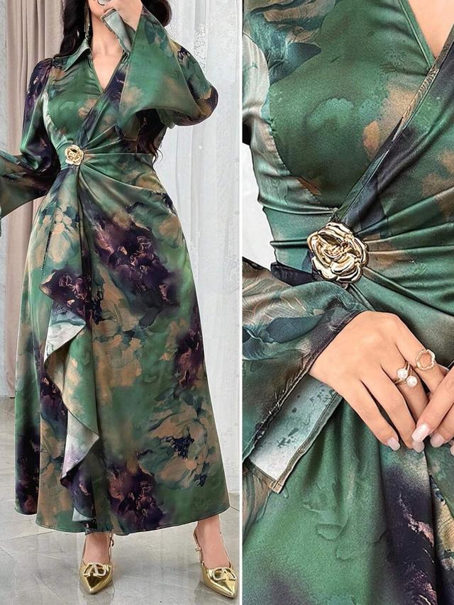elegant floral print satin flare sleeve midi dress