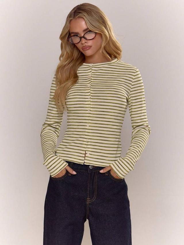 asymmetric button down striped ribbed long sleeve top