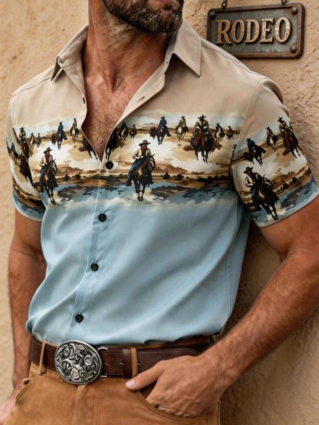light blue men's casual western print short sleeve button-up shirt