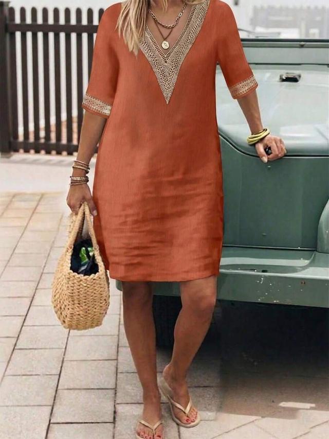 rust orange linen shift dress with crochet trim