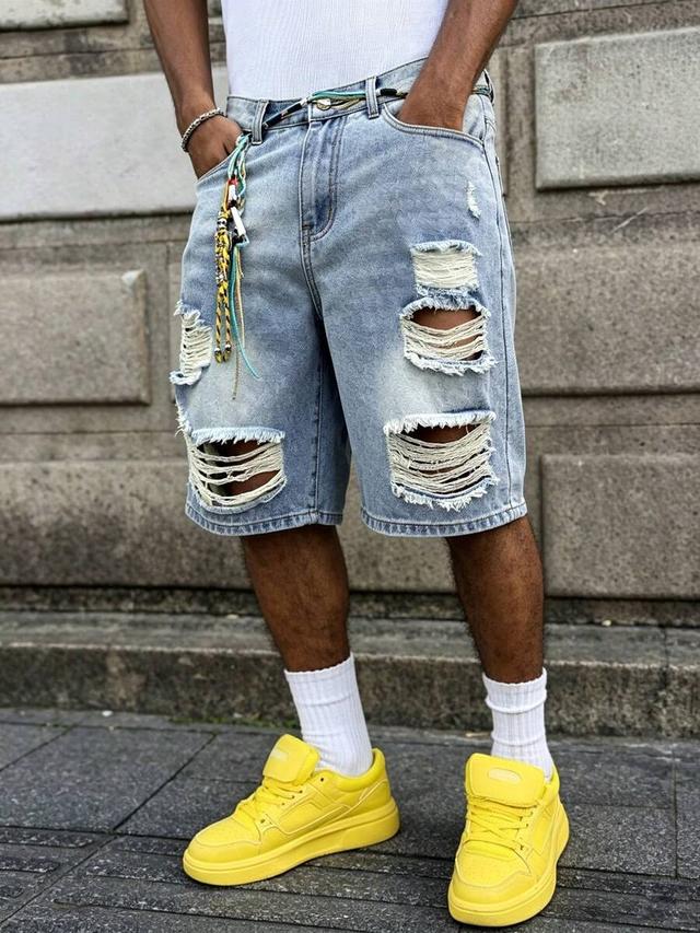 light blue washed distressed denim shorts
