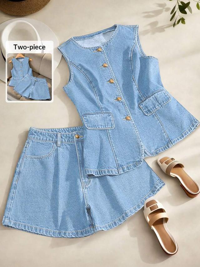 light wash denim vest and shorts set