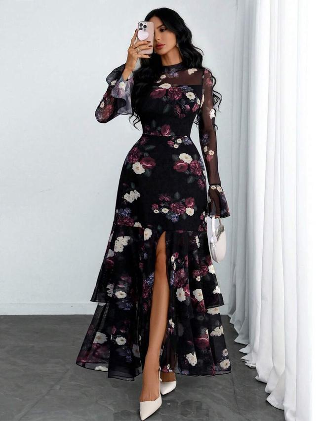 women's romantic printed mandarin collar waist cinched dress