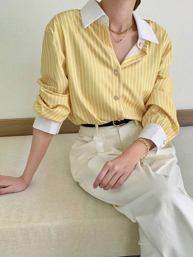 yellow striped button-up blouse with contrast collar