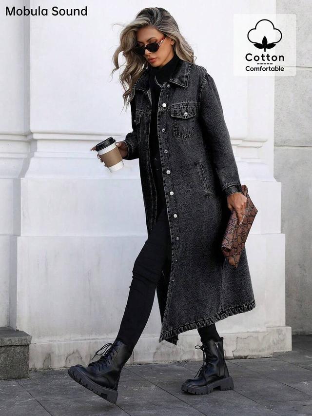 long black denim button down trench coat