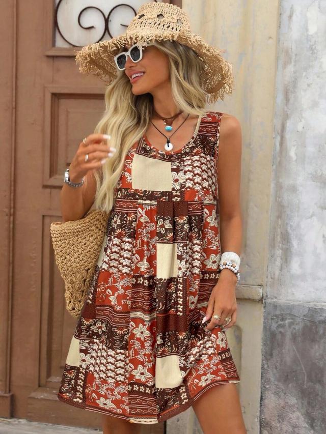 boho patchwork floral print sleeveless summer dress