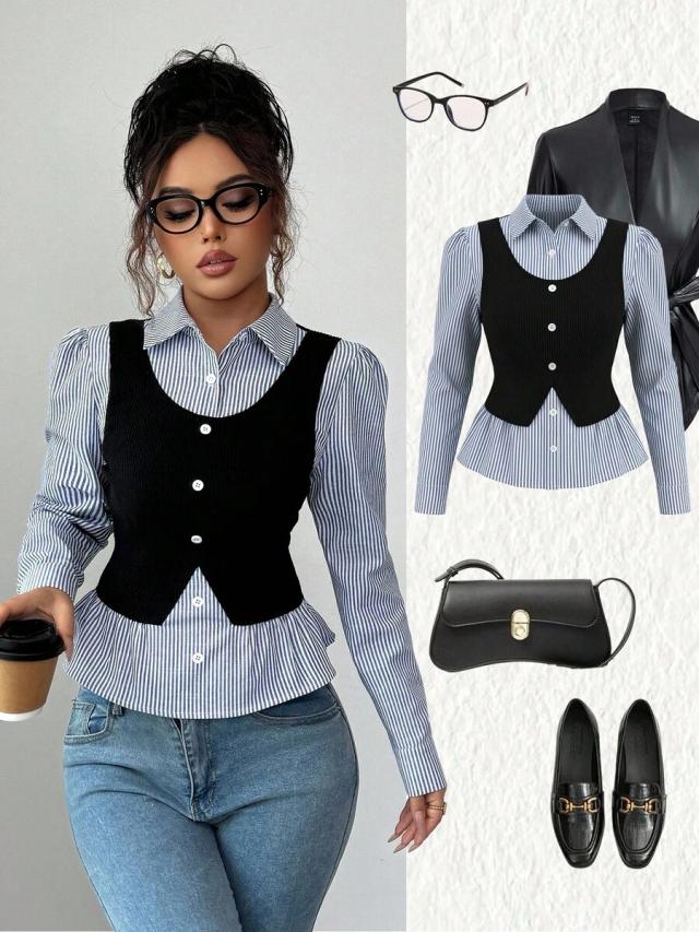 black and white stripe collared ribbed patchwork top