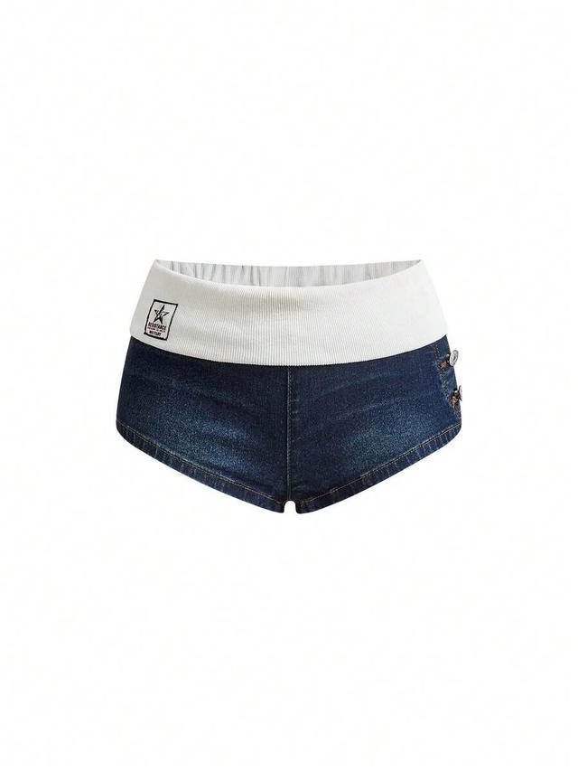 dark wash denim shorts with wide ribbed waistband
