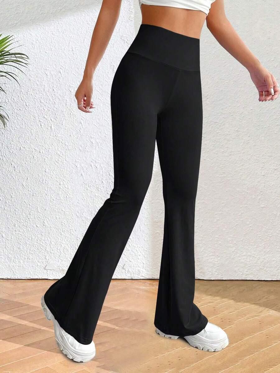 solid black high waisted flare leg yoga pants