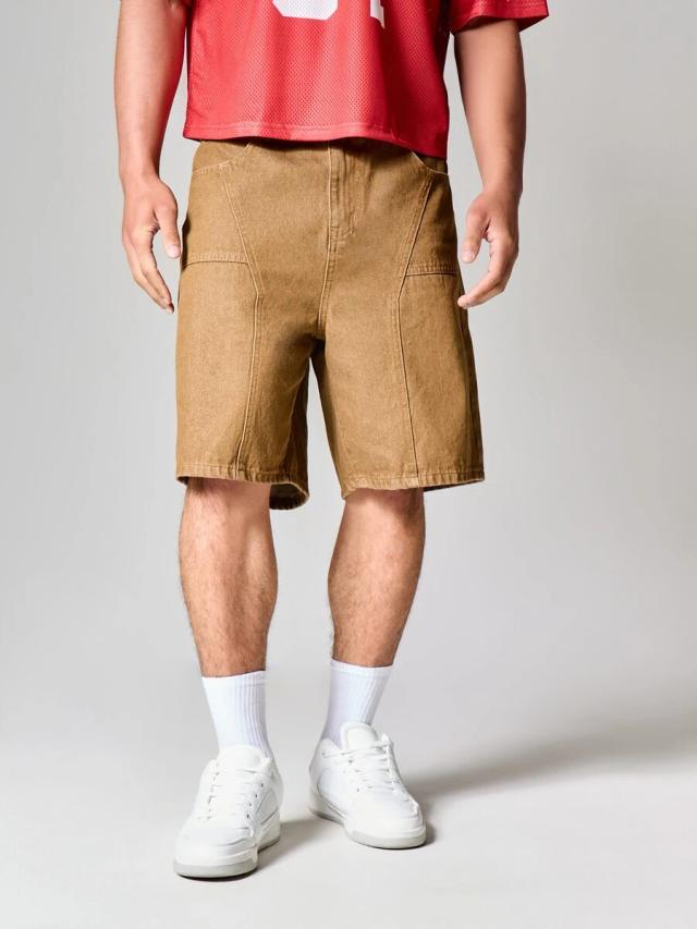 casual brown denim carpenter jorts with patch pockets