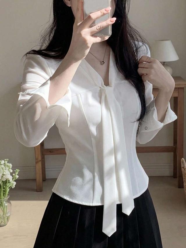 dazy women's solid white casual versatile tie-neck shirt