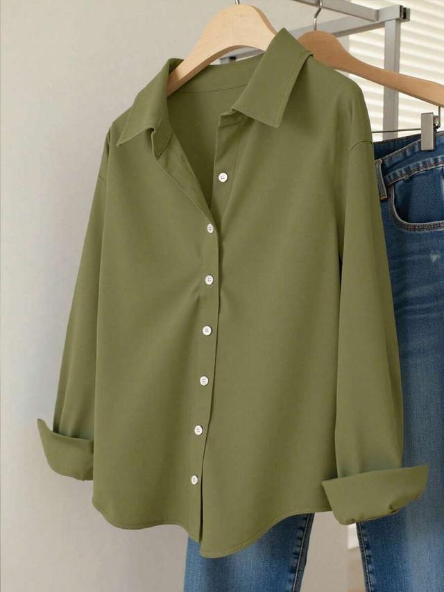 olive green button down dropped shoulder casual blouse