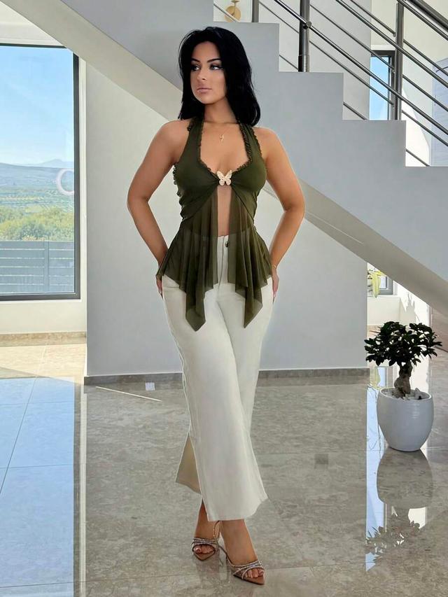 apricot halter neck tie front mesh tank top