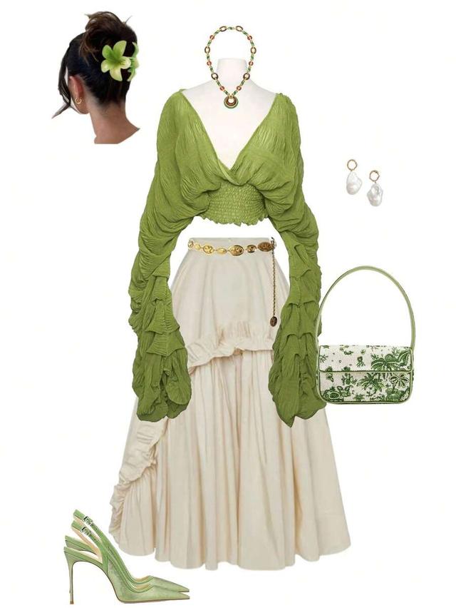 olive green draped chiffon puff sleeve crop blouse