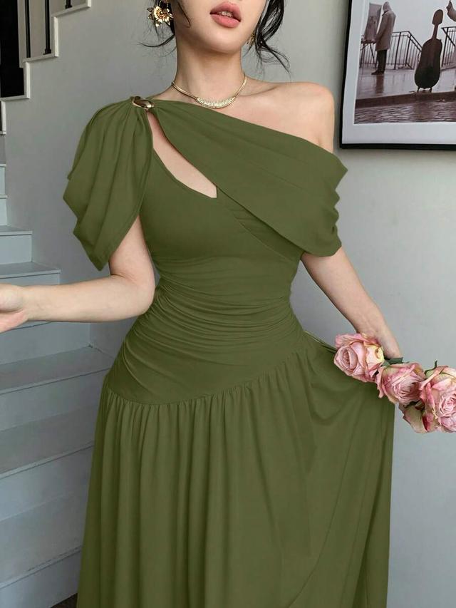 dark green one shoulder pleated waist flare dress