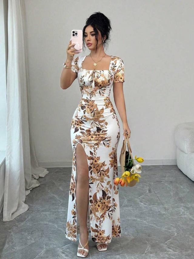 floral print square neck side slit maxi dress