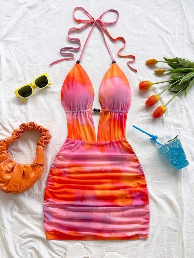 pink and orange ombre ruched mesh mini dress