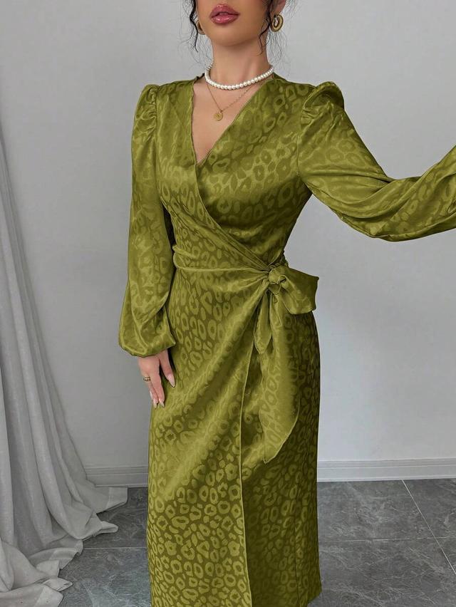 olive green patterned satin wrap midi dress