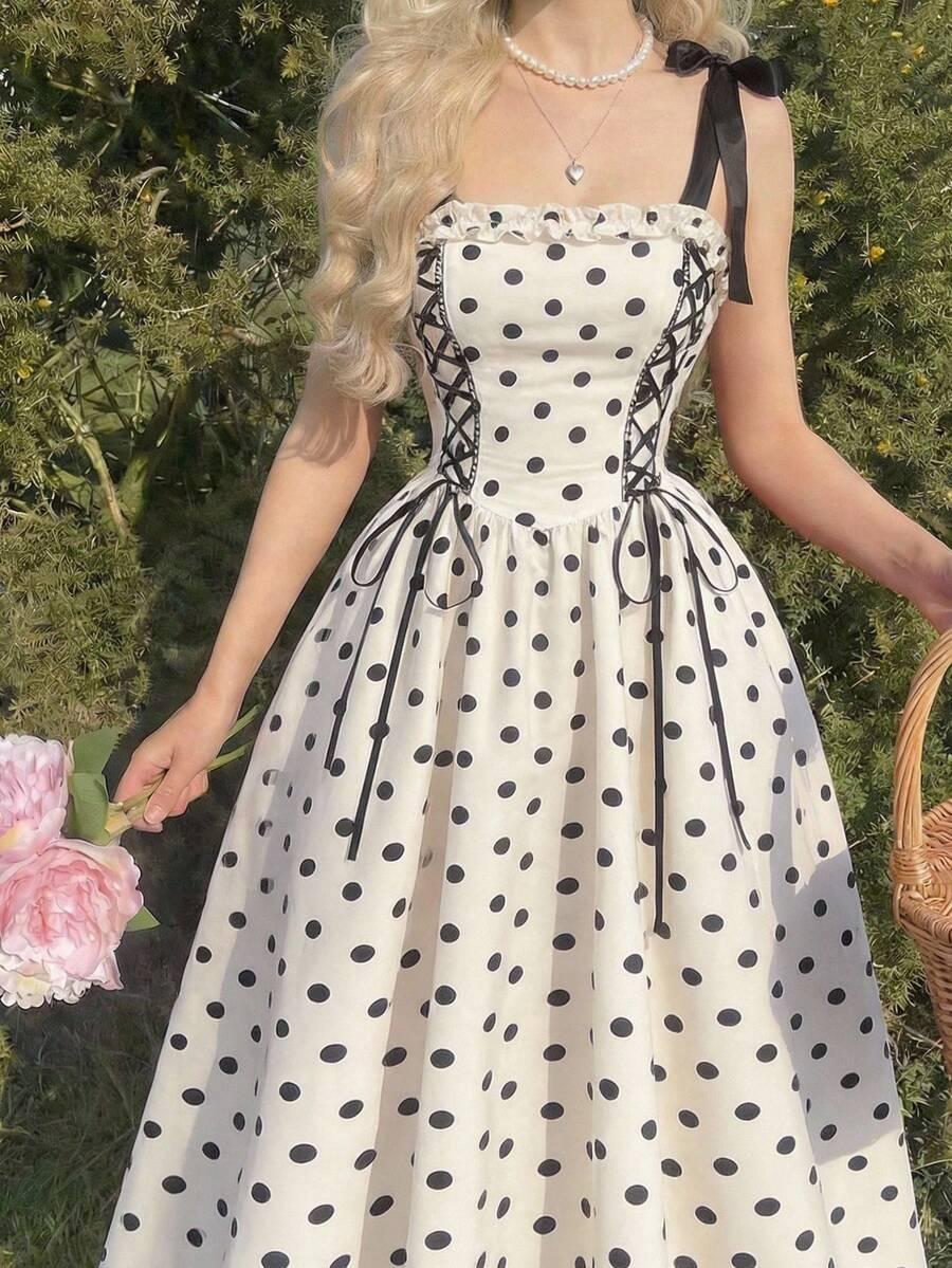 polka dot contrast bow tie midi dress