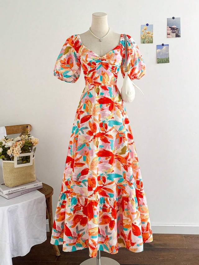 floral print puff sleeve ruffle hem tea dress