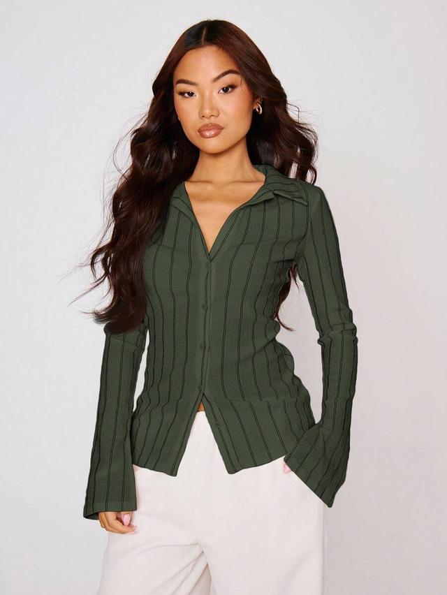 fitted olive green striped long sleeve button up shirt